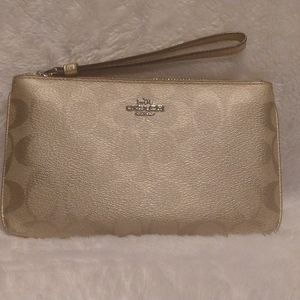 NWT Coach Signature Print Gold & Cream Clutch